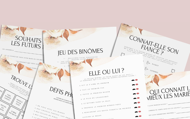 Jeux de mariage à personnaliser Canva - Orange Fleuri - 25 cartes PDF à imprimer