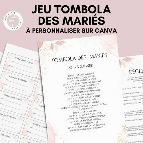 Jeu Tombola des mariés à personnaliser Canva - Rose Fleuri - PDF à imprimer