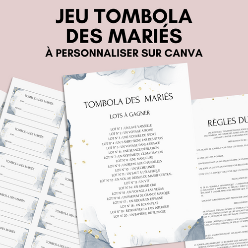 Jeu Tombola des mariés à personnaliser Canva - Aquarelle Bleu - PDF à imprimer