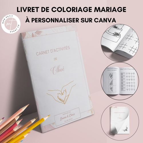 Livret activité enfant mariage à personnaliser Canva - Rose Fleuri - Coloriage PDF