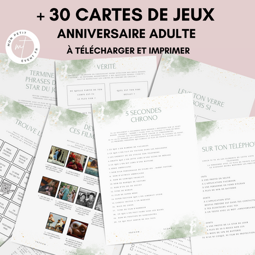 Jeux Anniversaire Adulte Thème Aquarelle Vert - 30 Activités PDF