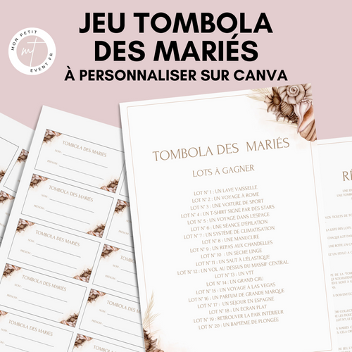 Jeu Tombola des mariés à personnaliser Canva - Mer & Élégance - PDF à imprimer