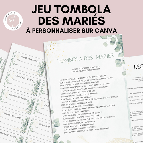 Jeu Tombola des mariés à personnaliser Canva - Eucalyptus - PDF à imprimer