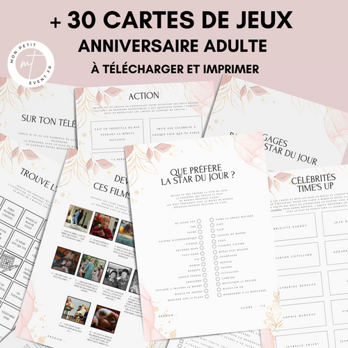 Jeux Anniversaire Adulte Thème Floral Rose - 30 Activités Imprimables