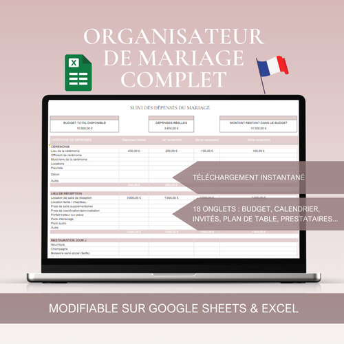 Organisateur de Mariage Complet à télécharger - 12 Onglets Budget Invités Planning PDF