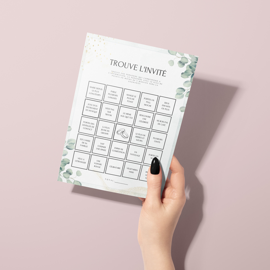 Jeux de mariage en français Thème Eucalyptus : activités, 25 cartes à imprimer, animations de table, défis photos et EVJF.