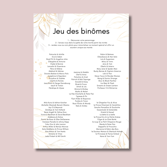 Jeu des binômes à imprimer PDF - Jeu des duos célèbres pour mariage et soirée
