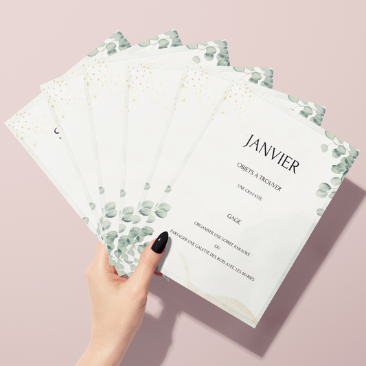 Jeu des 12 mois personnalisable Thème Eucalyptus - Activité idéale pour un mariage - Jeux mariage Français - Animations de table mariage