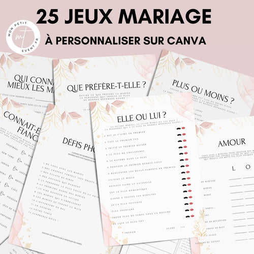 Jeux de mariage à personnaliser Canva - Rose Fleuri - 25 cartes PDF à imprimer
