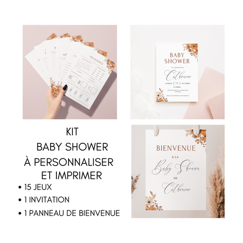 Kit Jeux Baby Shower à personnaliser Canva - Fleuri Orange Brûlé - PDF à imprimer
