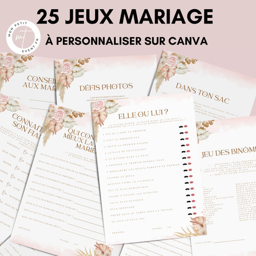 Jeux de mariage à personnaliser Canva - Boho Rose - 25 cartes PDF à imprimer