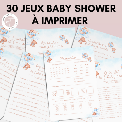 Jeux Baby Shower à Imprimer Bleu Élégant - 30 Activités Fête Prénatale