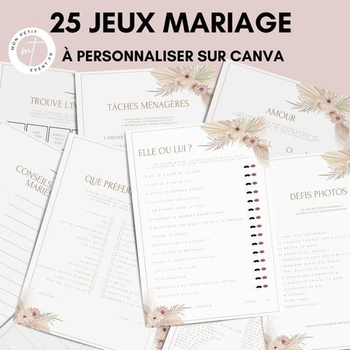 Jeux de mariage à personnaliser Canva - Boho Fleuri Élégant - 25 cartes PDF à imprimer