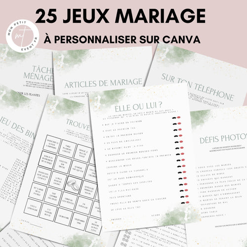 Jeux de mariage à personnaliser Canva - Aquarelle Vert - 25 cartes PDF à imprimer