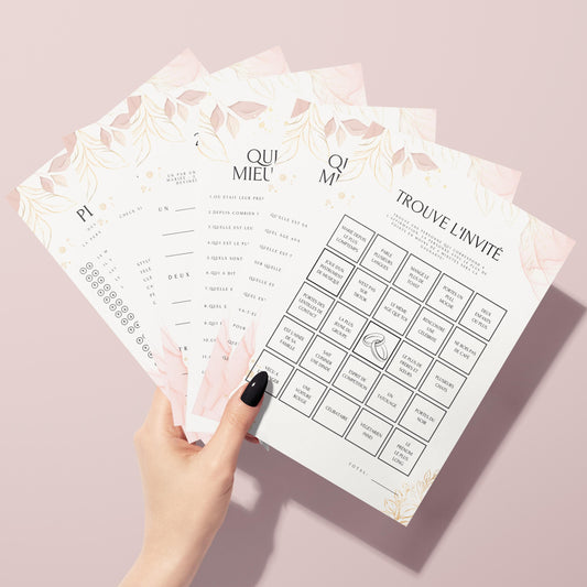 Jeux de mariage en français : activités, 25 cartes à imprimer, animations de table, défis photos et EVJF.