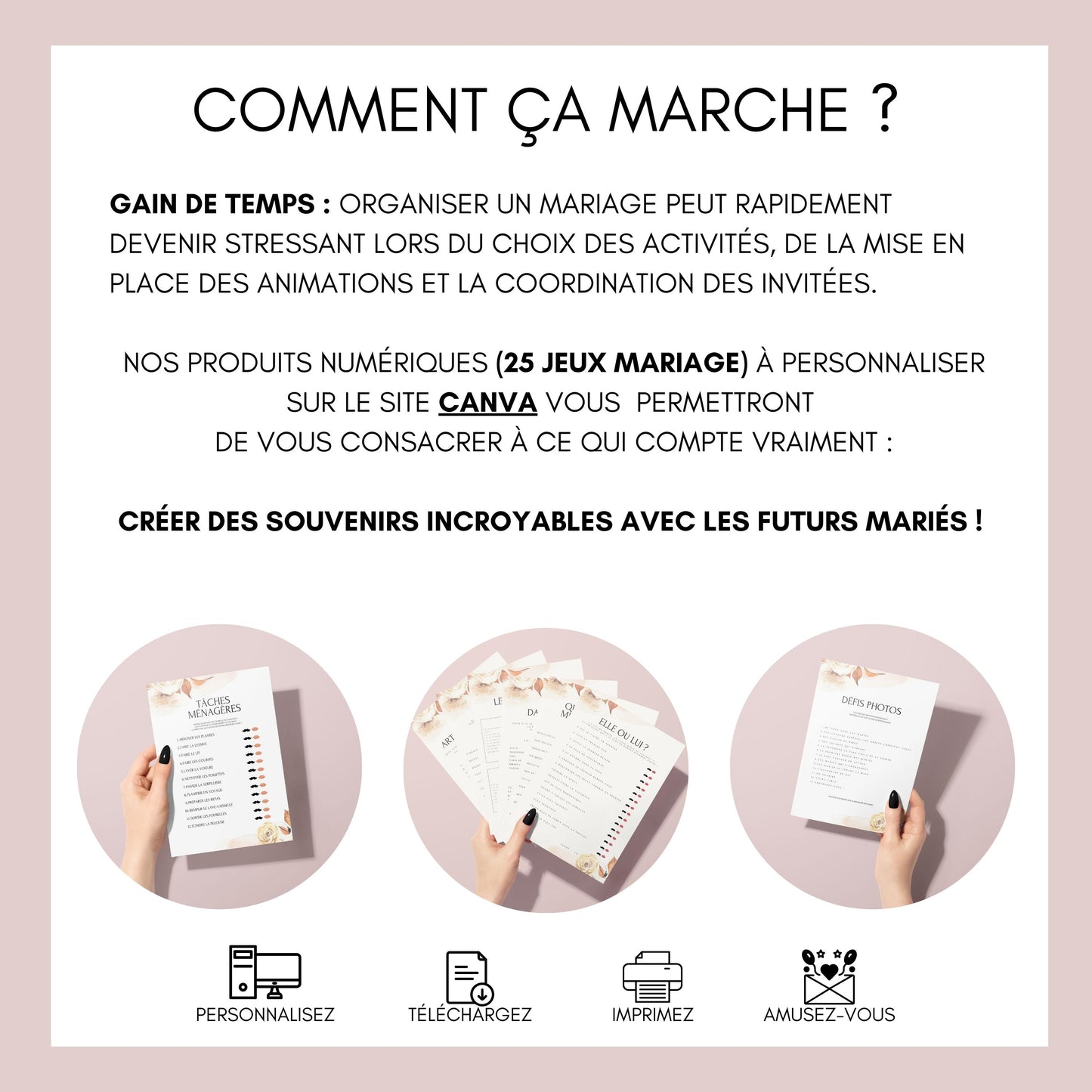 Jeux de mariage en français : activités, 25 cartes à imprimer, animations de table, défis photos et EVJF.