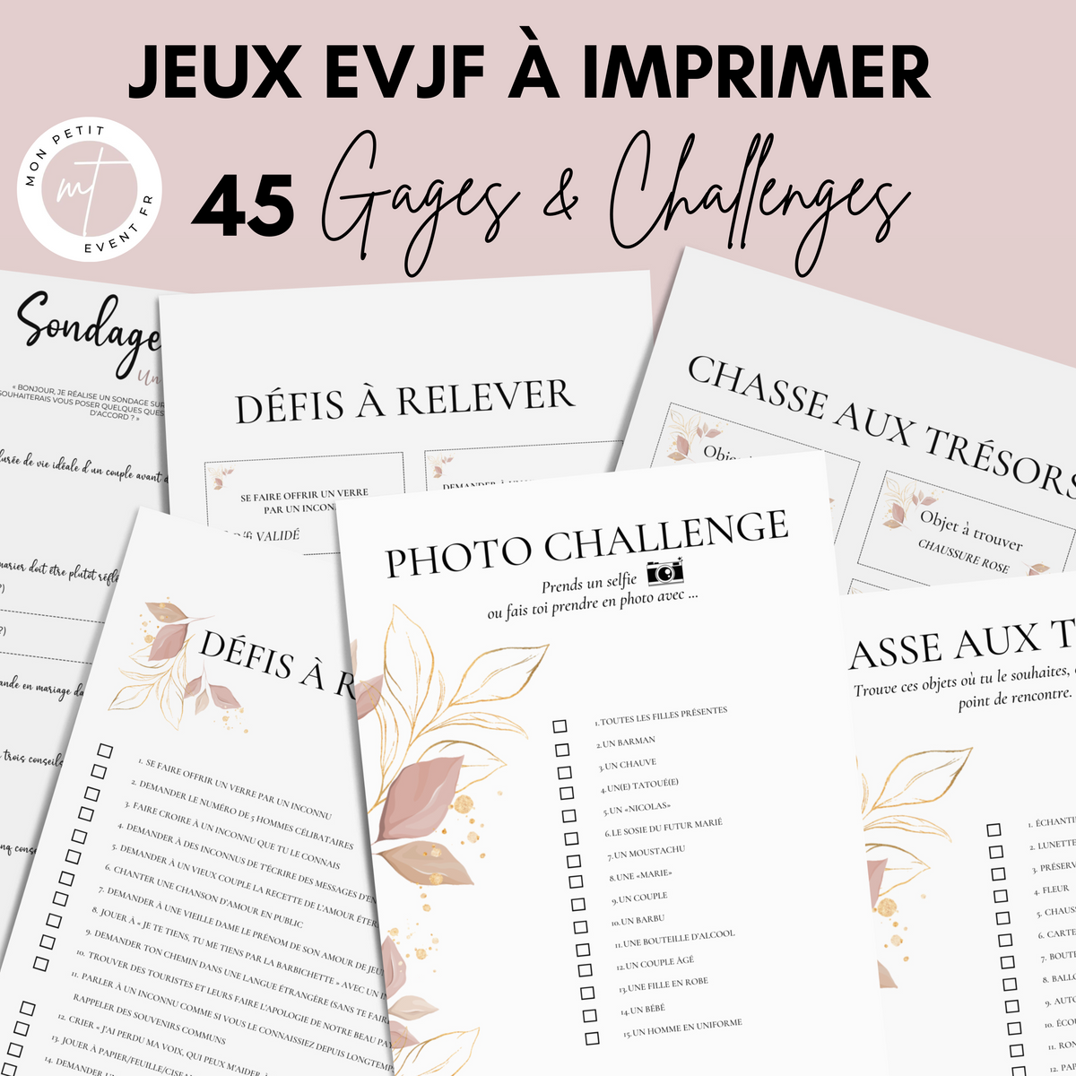 Jeux EVJF en Ville à Imprimer Rose & Gold Fleuri - 45 Gages & Défis