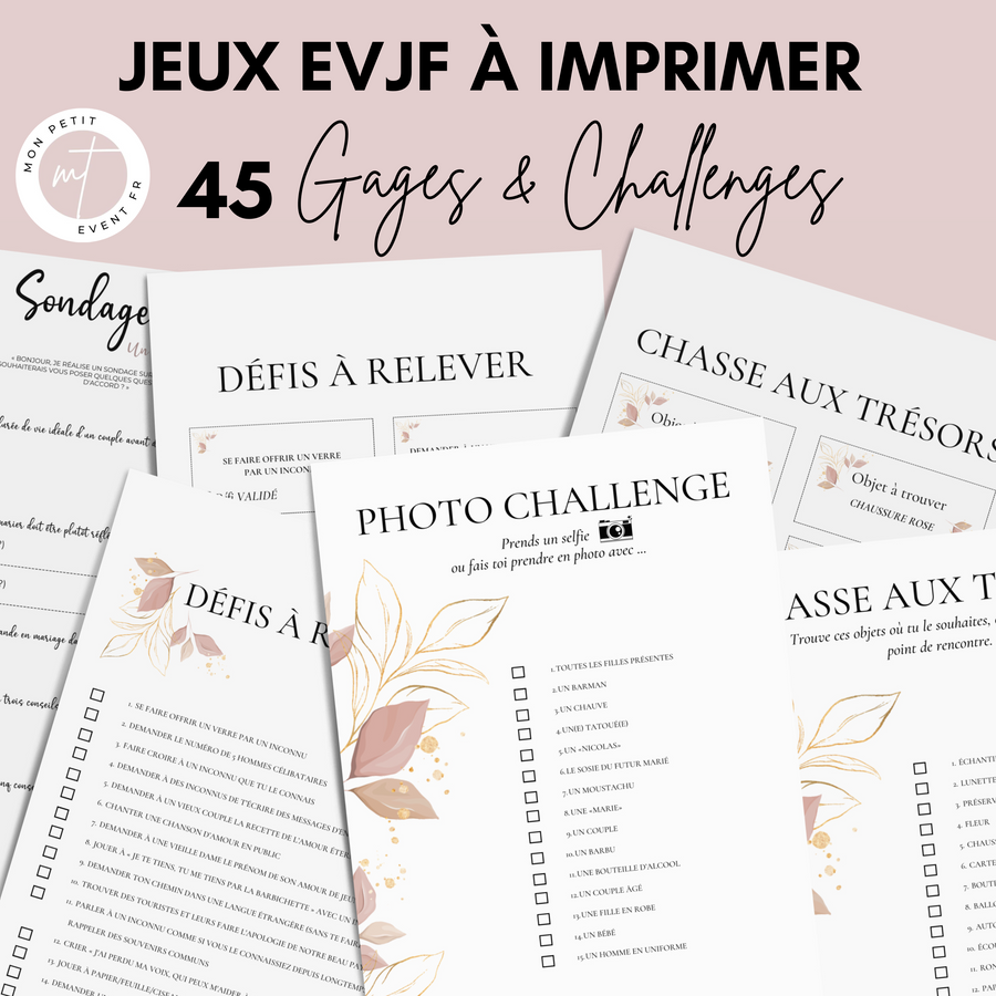 Jeux EVJF en Ville à Imprimer Rose & Gold Fleuri - 45 Gages & Défis