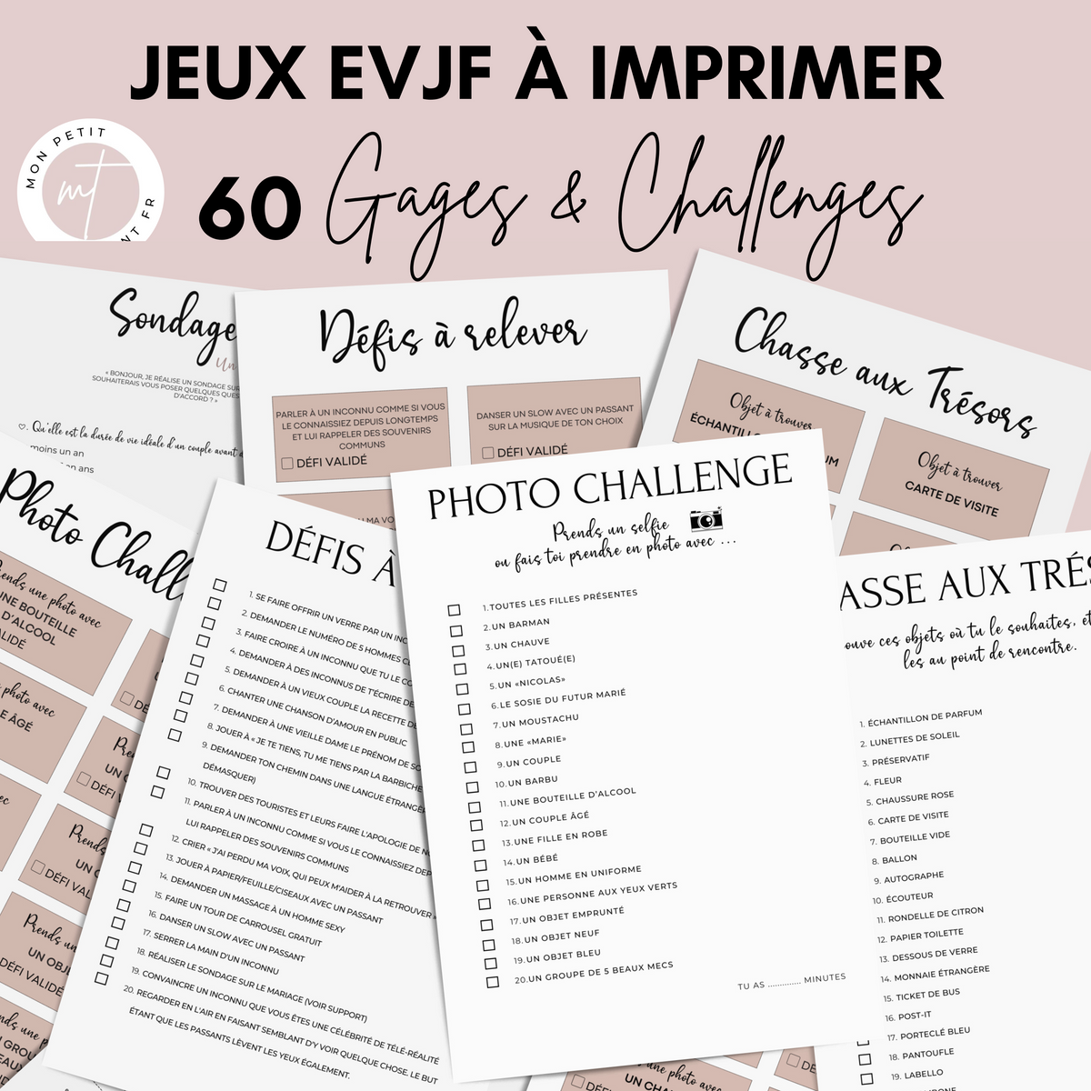 Jeux EVJF en Ville à Imprimer Rose & Blanc - 60 Gages & Défis