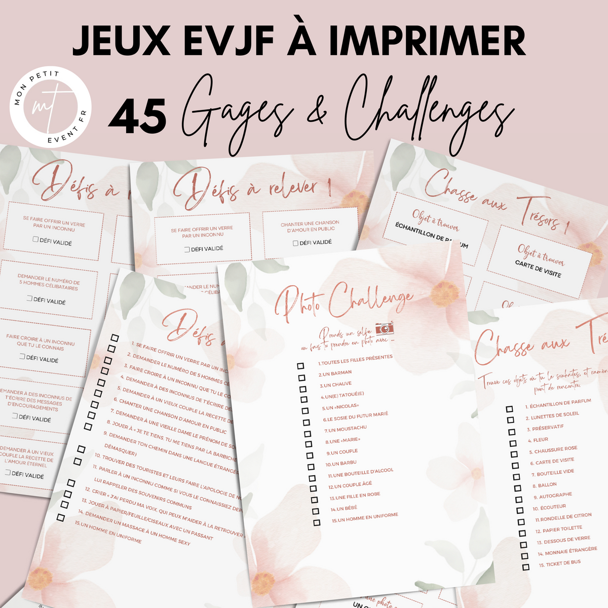 Jeux EVJF en Ville à Imprimer Vert & Rose - 45 Gages & Défis
