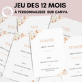 Jeu des 12 mois à personnaliser Canva - Boho Fleuri - Activité mariage PDF