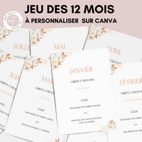 Jeu des 12 mois à personnaliser Canva - Boho Fleuri - Activité mariage PDF