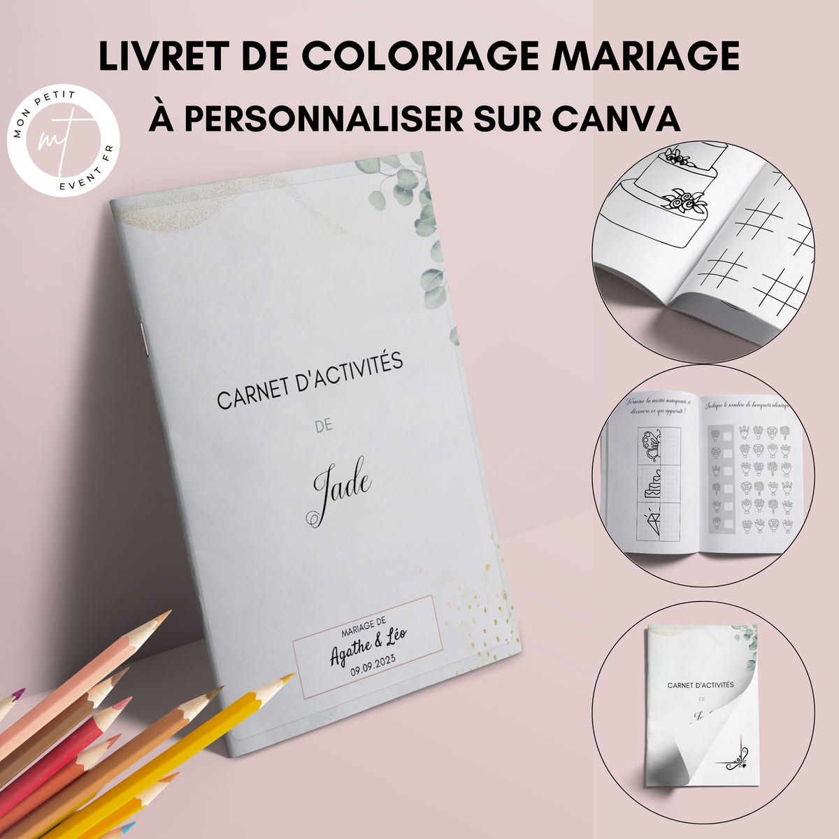 Livret activité enfant mariage à personnaliser Canva - Eucalyptus - Coloriage PDF