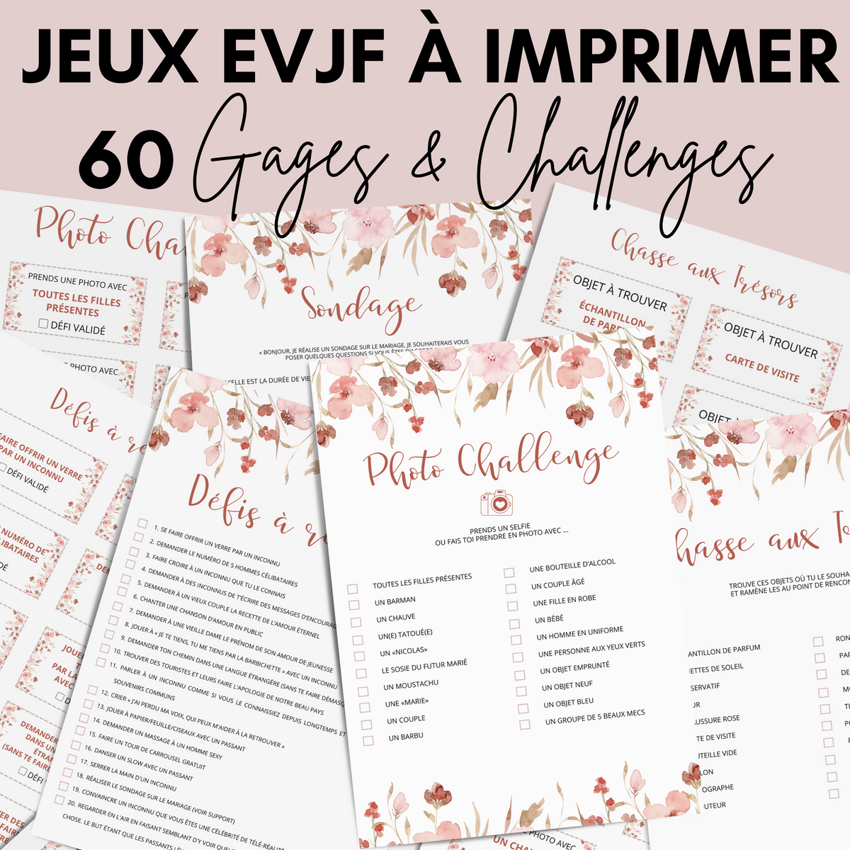 Jeux EVJF en Ville à Imprimer Champêtre Rose - 60 Gages & Défis