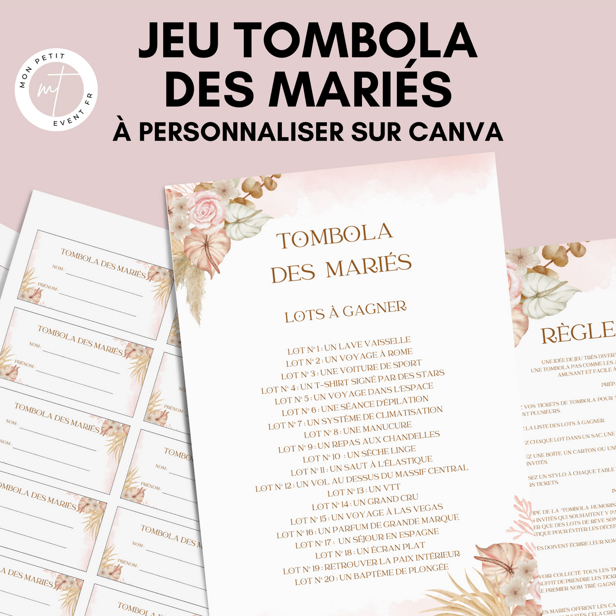 Jeu Tombola des mariés à personnaliser Canva - Boho Moderne - PDF à imprimer