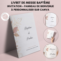 Livret de messe Baptême à personnaliser Canva - Doré et Rose Fleuri - Modèle PDF