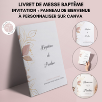 Livret de messe Baptême à personnaliser Canva - Doré et Rose Fleuri - Modèle PDF