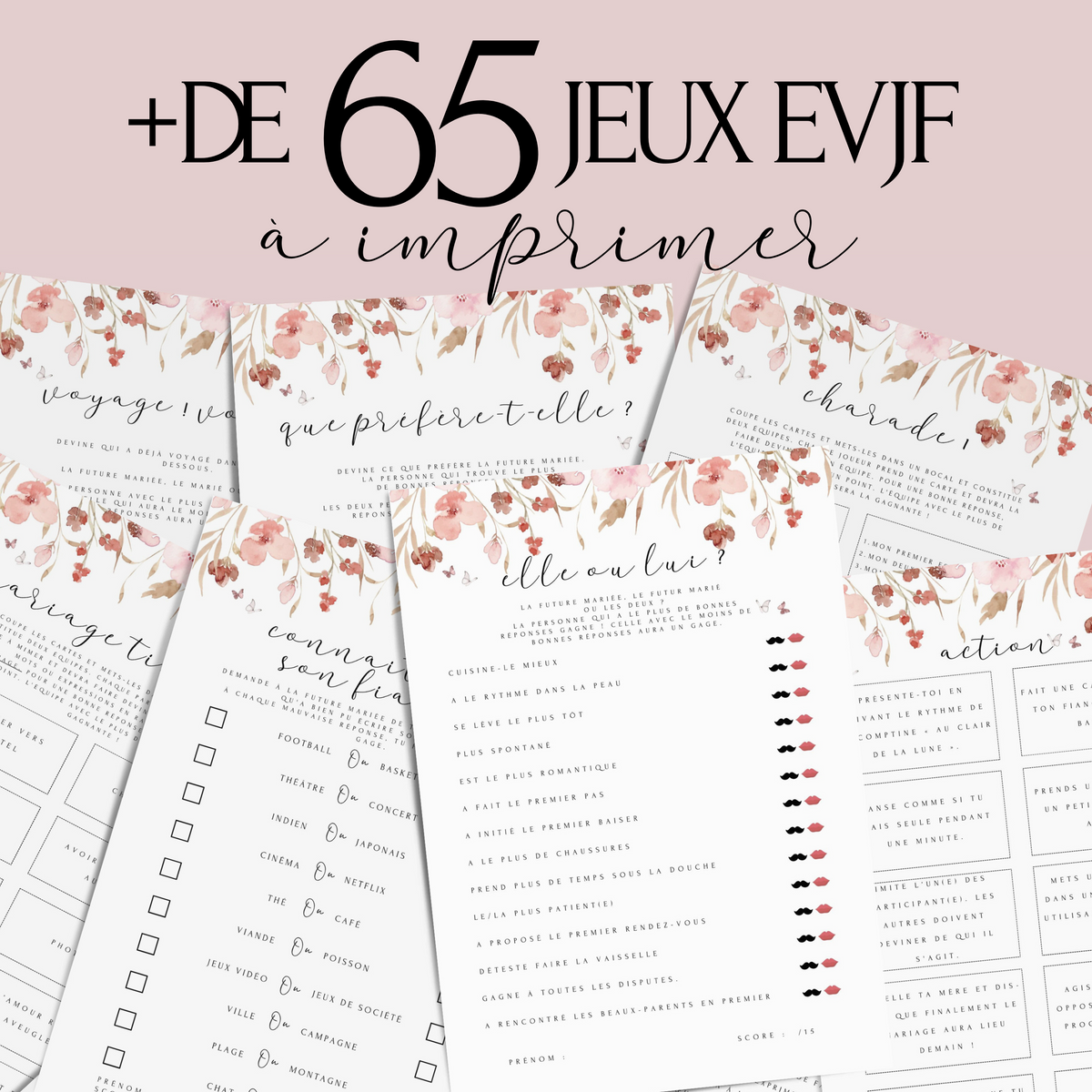 Kit EVJF à Imprimer Champêtre Rose Fleuri - 65 Jeux + Gages à Domicile