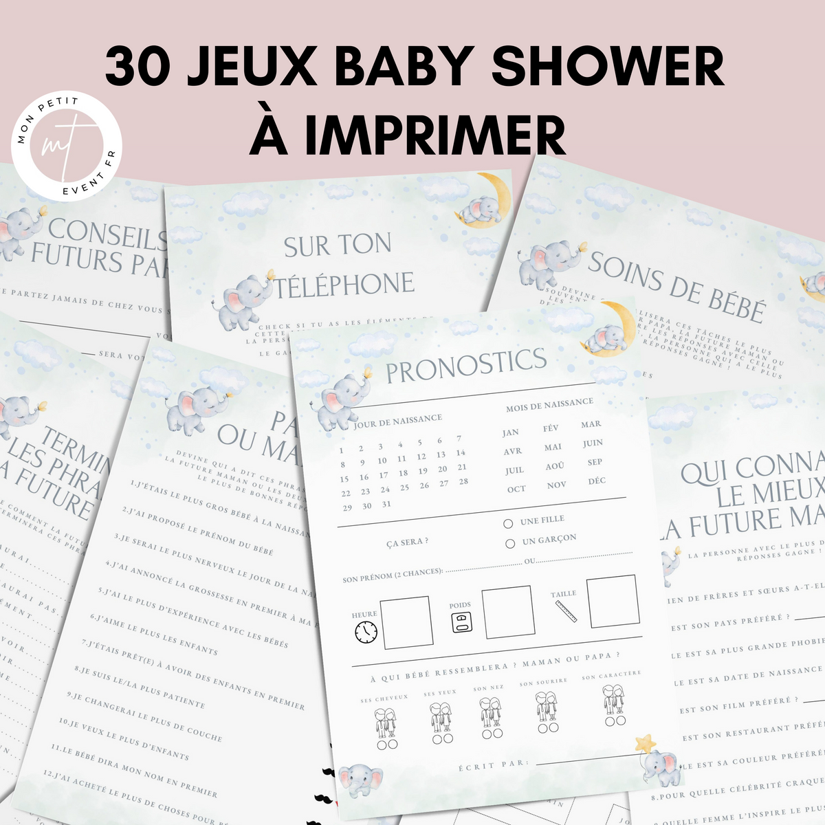Jeux Baby Shower à Imprimer Éléphant - 30 Activités Fête Prénatale