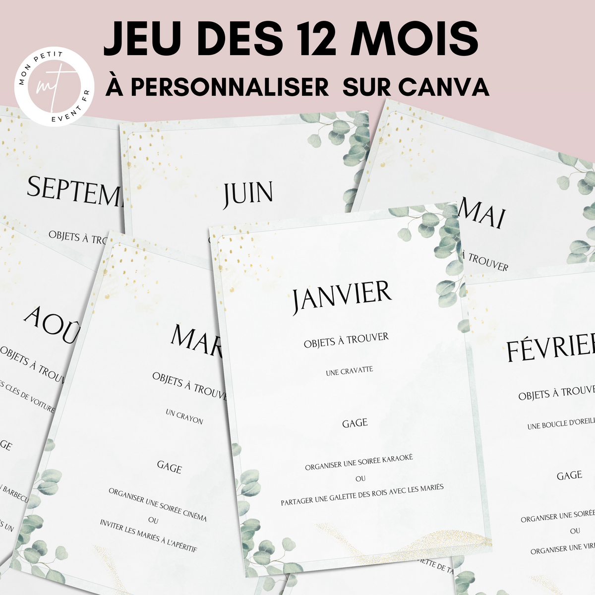 Jeu des 12 mois à personnaliser Canva - Eucalyptus - Activité mariage PDF