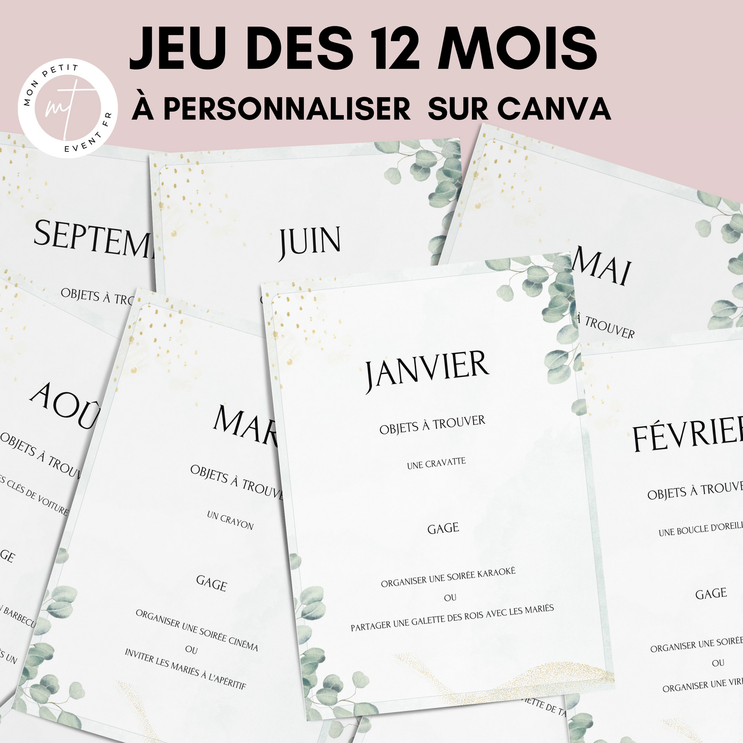 Jeu des 12 mois personnalisable Thème Eucalyptus - Activité idéale pour un mariage - Jeux mariage Français -  Animations de table mariage