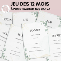 Jeu des 12 mois à personnaliser Canva - Eucalyptus - Activité mariage PDF