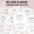 Jeu des 12 mois à personnaliser Canva - Rose Fleuri - Activité mariage PDF