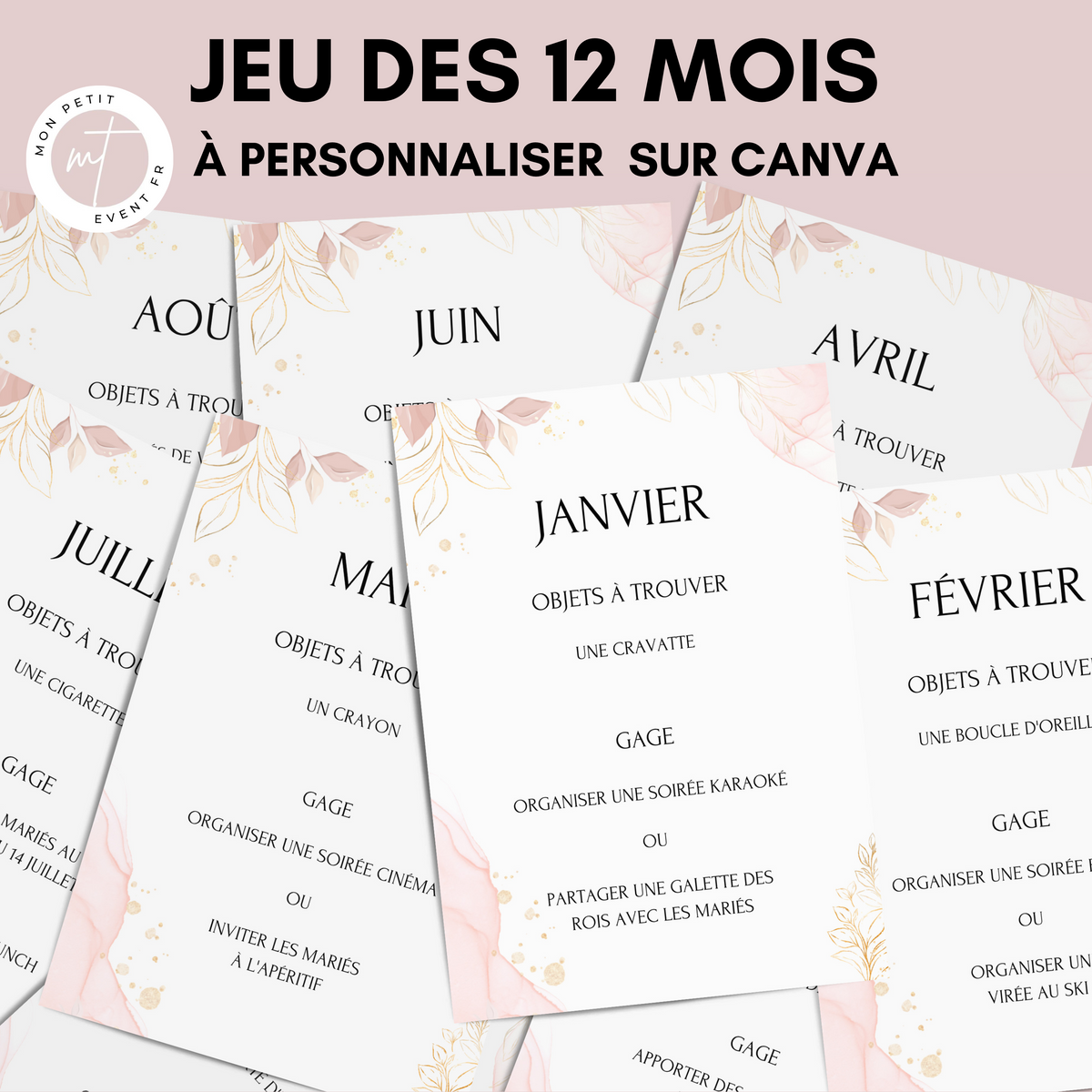 Jeu des 12 mois à personnaliser Canva - Rose Fleuri - Activité mariage PDF