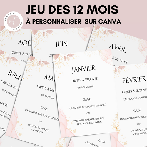 Jeu des 12 mois à personnaliser Canva - Rose Fleuri - Activité mariage PDF