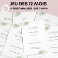Jeu des 12 mois à personnaliser Canva - Aquarelle Vert - Activité mariage PDF