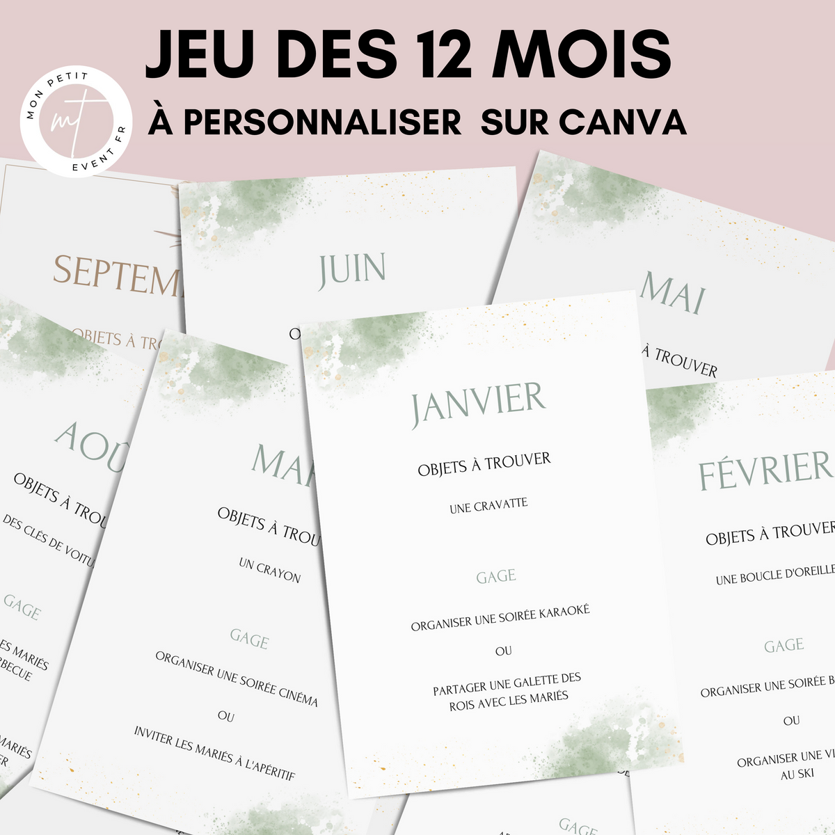 Jeu des 12 mois à personnaliser Canva - Aquarelle Vert - Activité mariage PDF