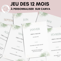 Jeu des 12 mois à personnaliser Canva - Aquarelle Vert - Activité mariage PDF