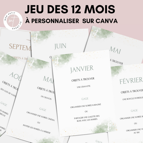 Jeu des 12 mois à personnaliser Canva - Aquarelle Vert - Activité mariage PDF