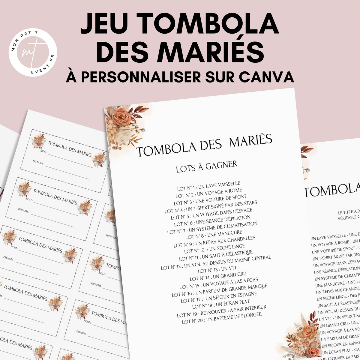 Jeu Tombola des mariés à personnaliser Canva - Terracotta & Boho - PDF à imprimer