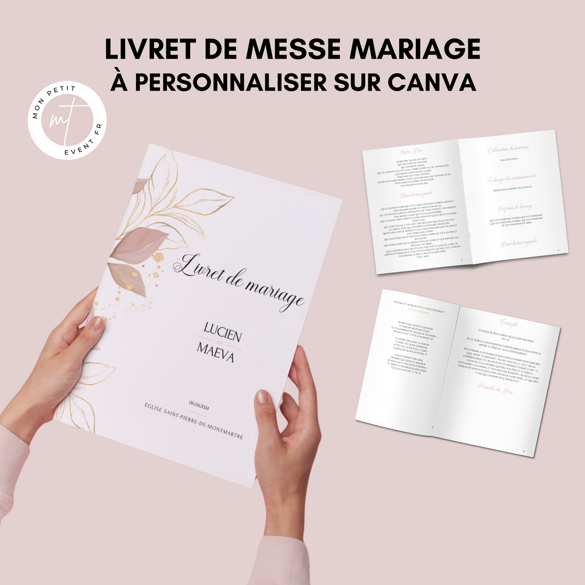 Livret de messe Mariage à personnaliser Canva - Rose Fleuri - Modèle PDF