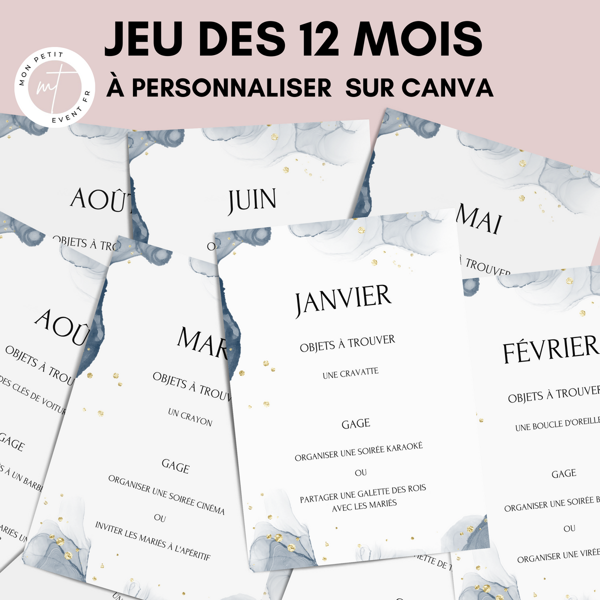 Jeu des 12 mois à personnaliser Canva - Aquarelle Bleu - Activité mariage PDF
