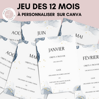 Jeu des 12 mois à personnaliser Canva - Aquarelle Bleu - Activité mariage PDF