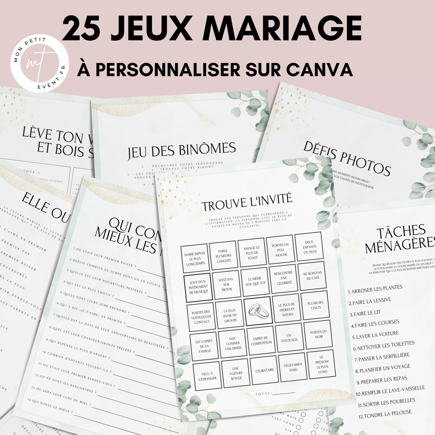 Jeux de mariage en français Thème Eucalyptus : activités, 25 cartes à imprimer, animations de table, défis photos et EVJF.