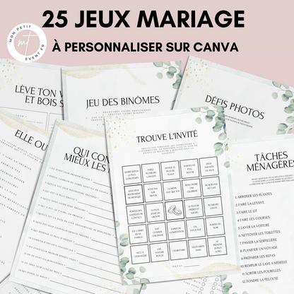Jeux de mariage en français Thème Eucalyptus : activités, 25 cartes à imprimer, animations de table, défis photos et EVJF.