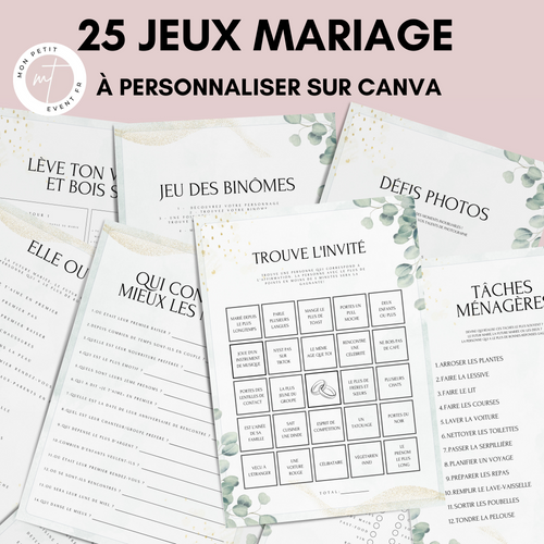 Jeux de mariage à personnaliser Canva - Eucalyptus - 25 cartes PDF à imprimer